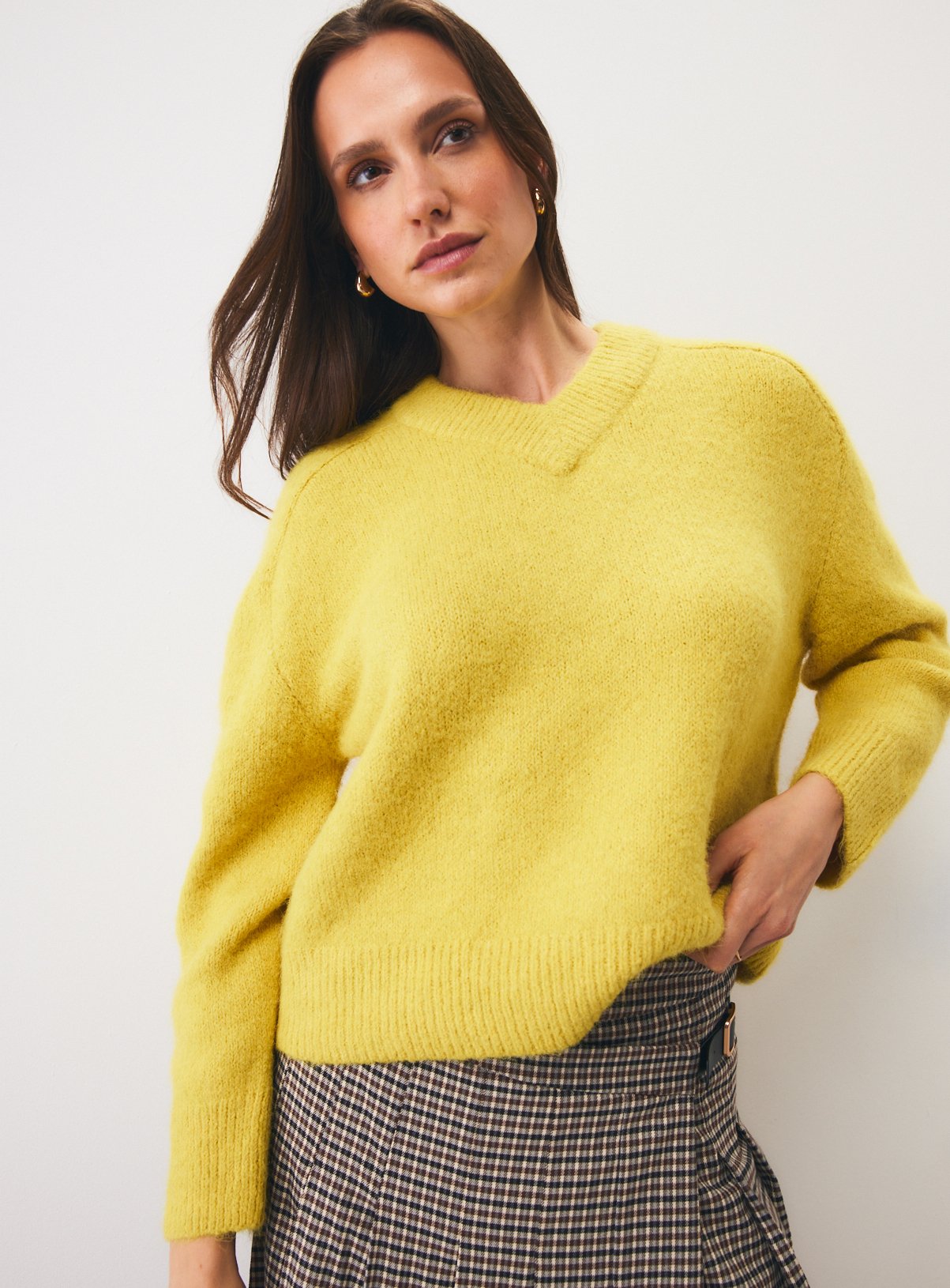 Bright Yellow Boxy V-Neck Saddle Shoulder Jumper M - Image 1 thumbnail